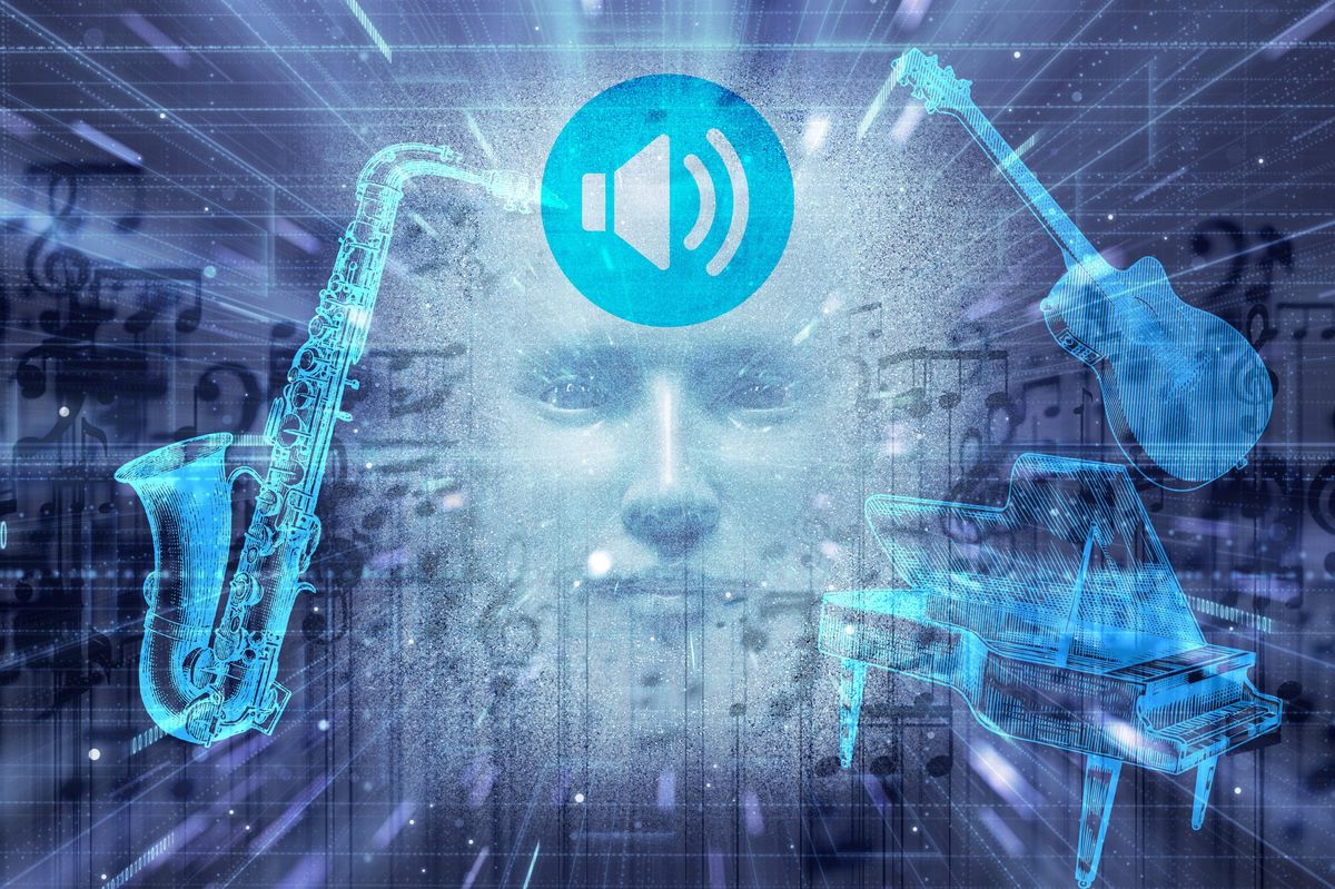 Visage d’IA émergeant dans un tunnel technologique avec saxophone, guitare, piano et icône audio.