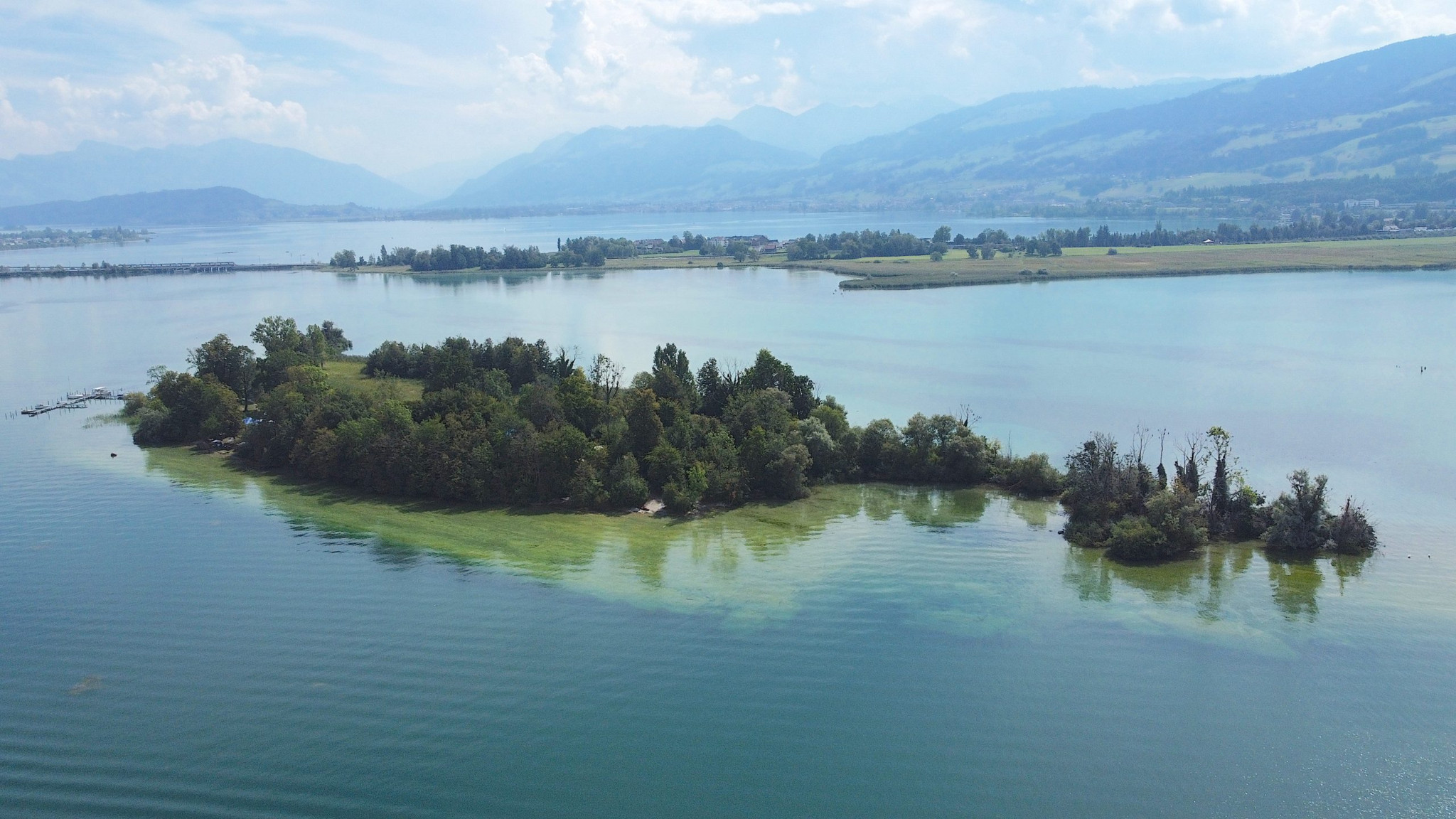 Luftaufnahme einer kleinen bewaldeten Insel in einem ruhigen See, umgeben von Bergen und bewölktem Himmel.