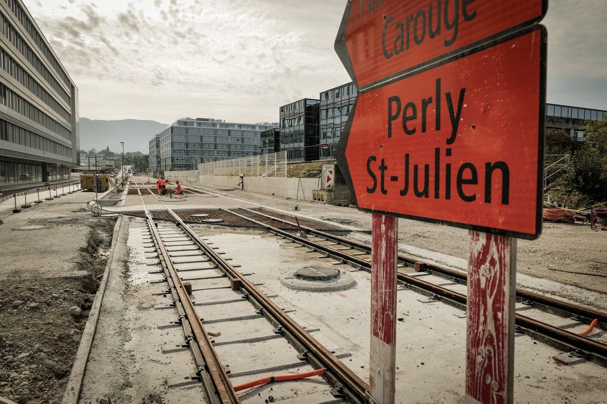 Genève, le  28 septembre 2023.  Route de la Galaise, Plan-les-Ouates. Le chantier du futur Tram.