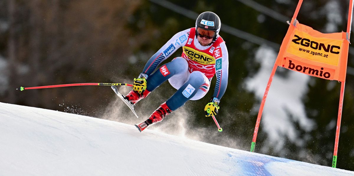Norway’s Aleksander Aamodt Kilde competes in the Men's Downhill race at the FIS Alpine Skiing World Cup event in Bormio, Italy, on December 28, 2023. (Photo by FABRICE COFFRINI / AFP)
