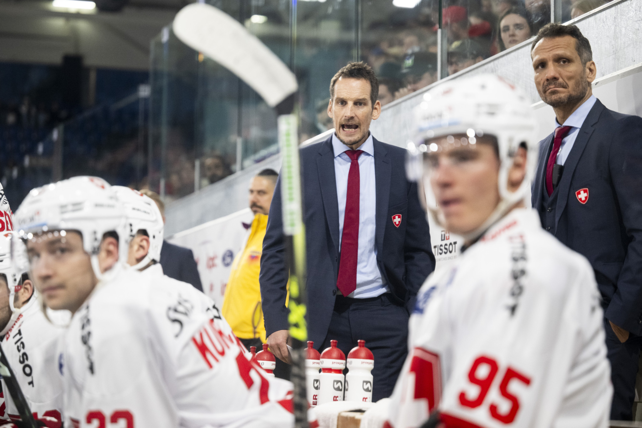 SwitzerlandÕs Head Coach Patrick Fischer reacts during the Breakout-Game of the Betano Hockey Games between Switzerland and Sweden at the stimo Arena in Kloten, Switzerland, Thursday, May 2, 2024. (KEYSTONE/Ennio Leanza)