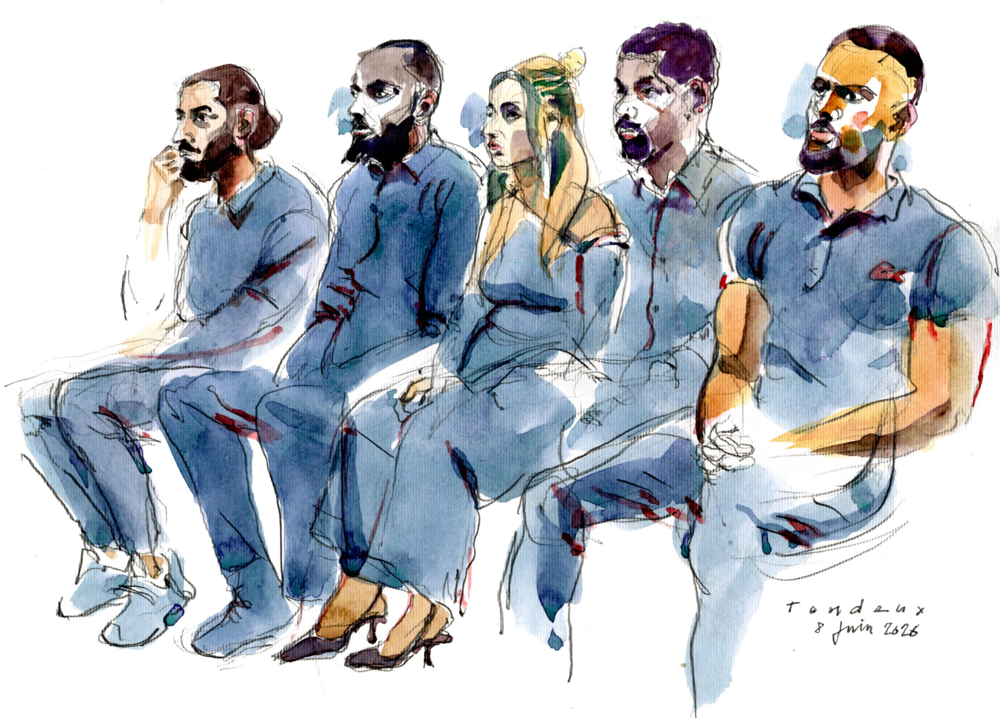 Croquis d’audience représentant cinq prévenus assis côte à côte lors d’un procès, réalisé le 3 juin 2026. Croquis d’audience représentant cinq prévenus assis côte à côte lors d’un procès, réalisé le 3 juin 2026.
