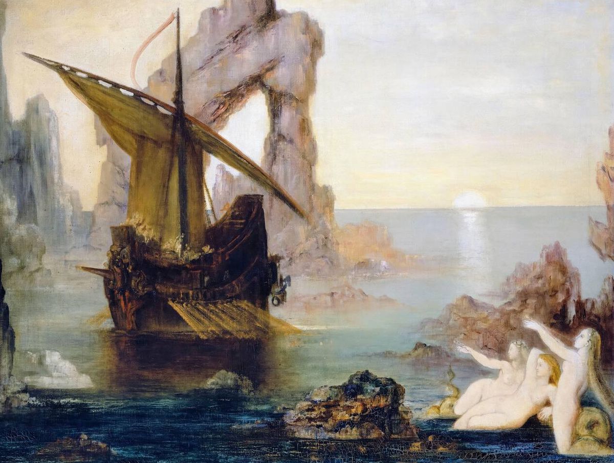 2R6RX65 Gustave Moreau, The Mermaids (Ulysses and the Sirens), painting in oil on canvas, 1875-1880
