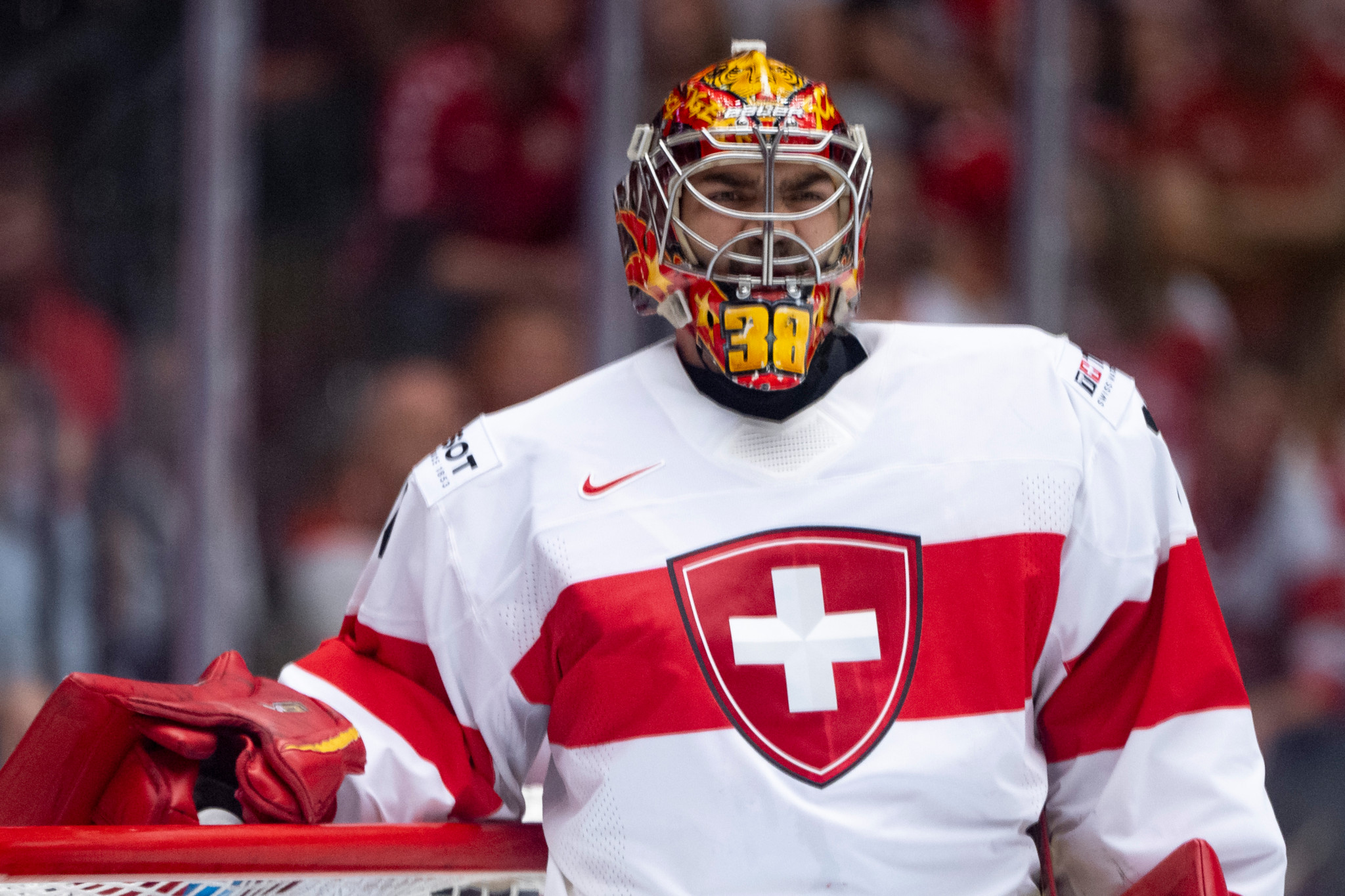 Le gardien de but suisse Stéphane Charlin lors du Championnat du monde de hockey sur glace IIHF 2025 à Herning.
